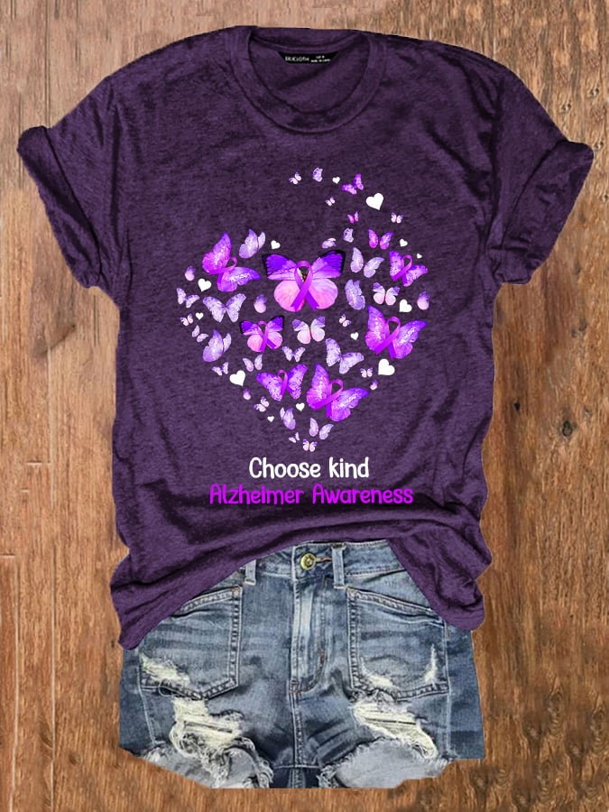 Women's Choose Kind Butterfly Alzheimer Awareness Dementia Alzheimer's Print T-Shirt