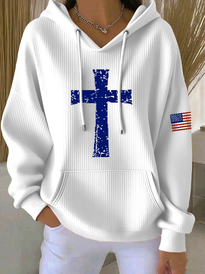 Women's Casual Faith Cross Flag Hoodie