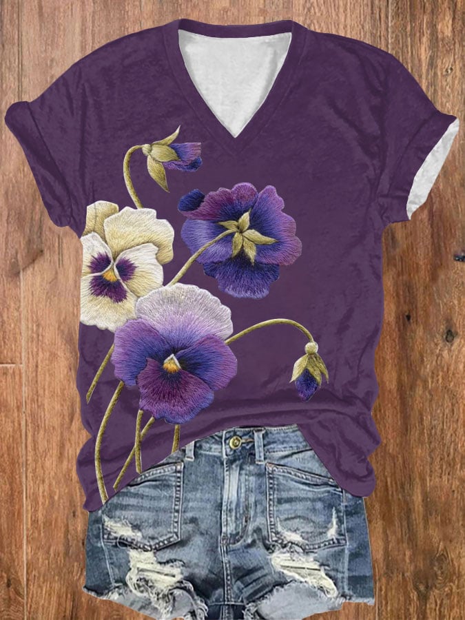 Women's Alzheimer's Purple Floral Print V-Neck T-Shirt