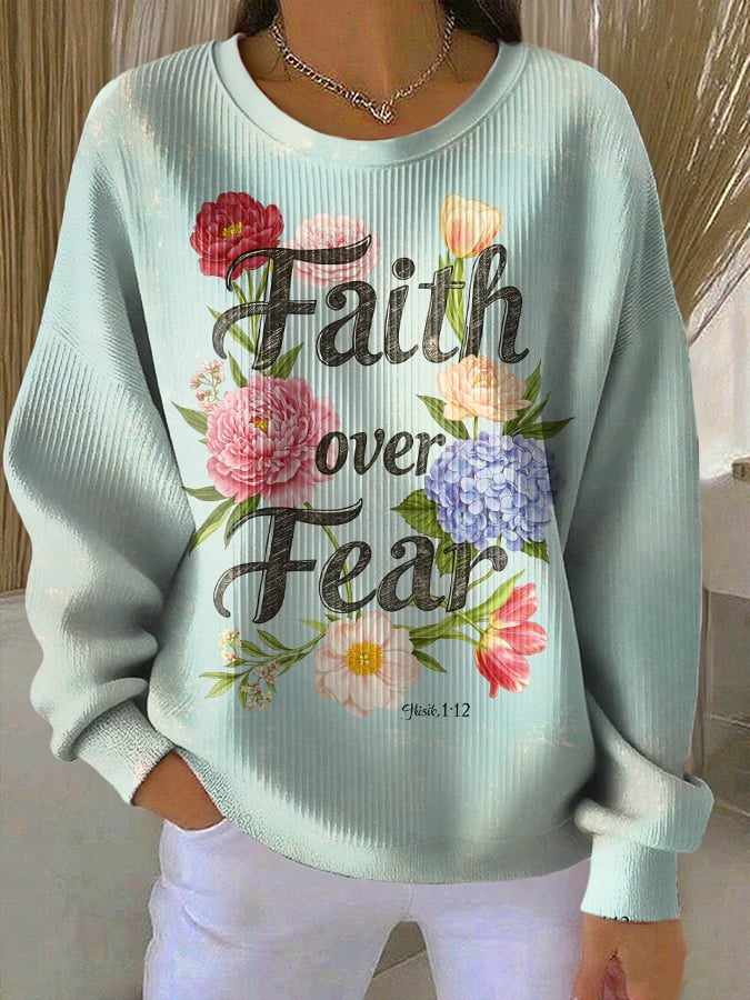 Women's Casual Floral Faith Textured Knitted Sweatshirt