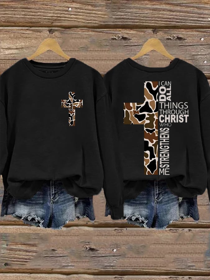 Women's Philippians 4:13 Camo Cross  Print Sweatshirt
