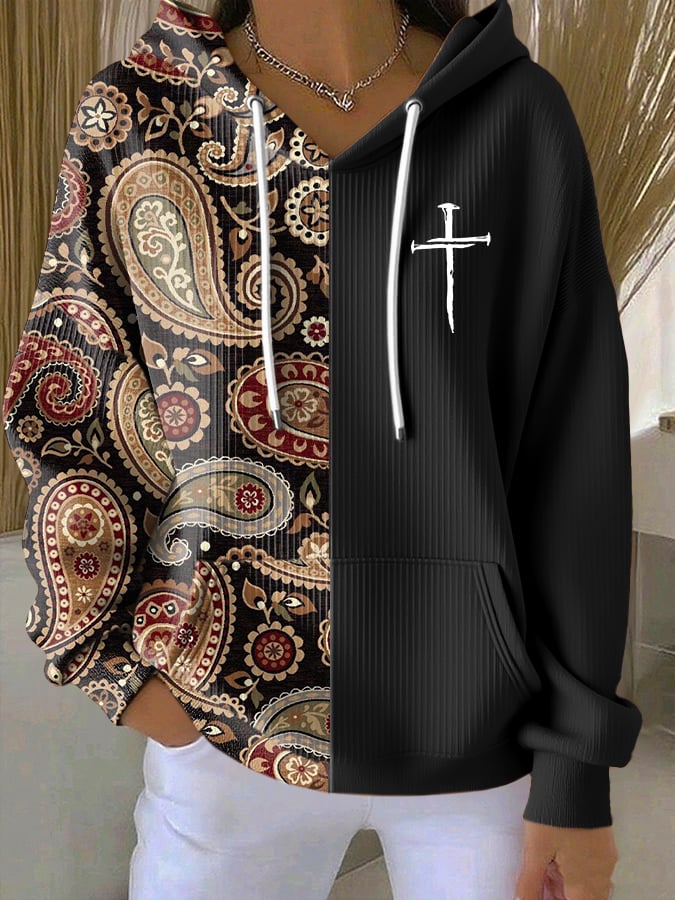Women's Casual Paisley Contrasting Faith Texture Hoodie