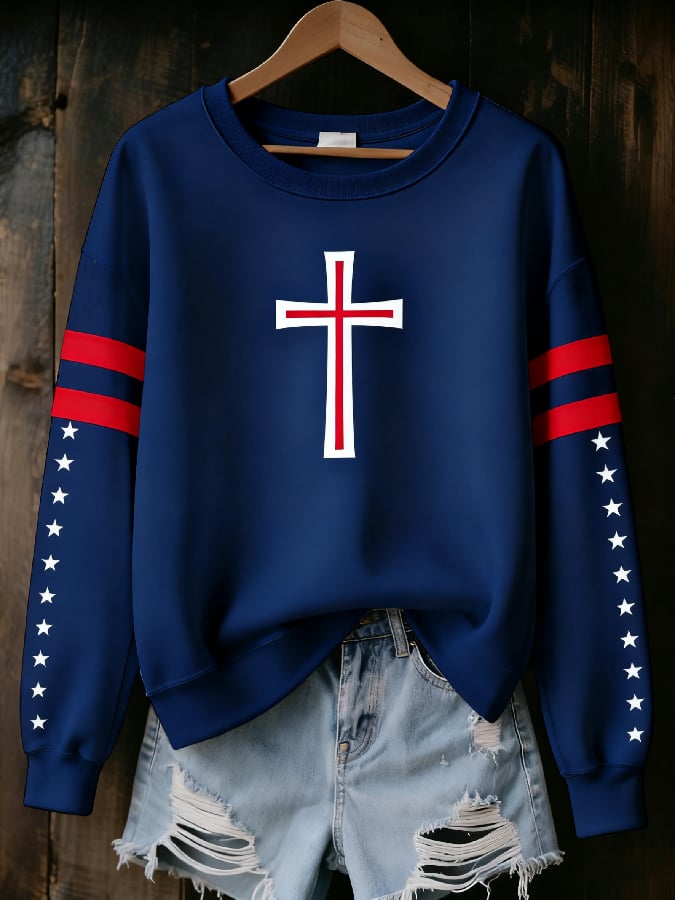 Women's Casual Faith Cross Flag Sweatshirt