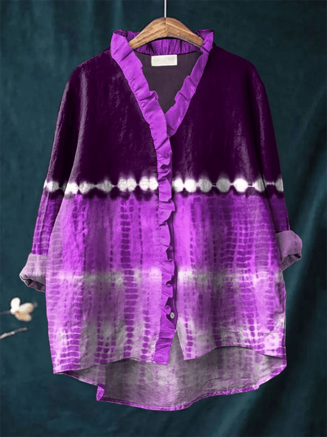 Women's Alzheimer's Tie Dye Abstract Art Print Pleated Design V-Neck Shirt