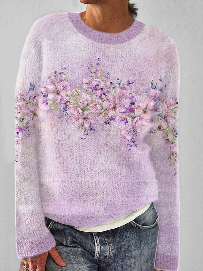 Women'S Purple Floral Art Comfortable Sweater