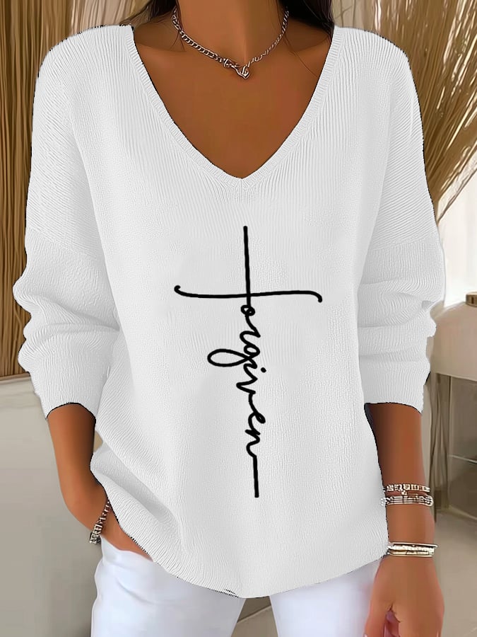 Women's Retro Forgiveness Faith Print Drop Shoulder Sweater