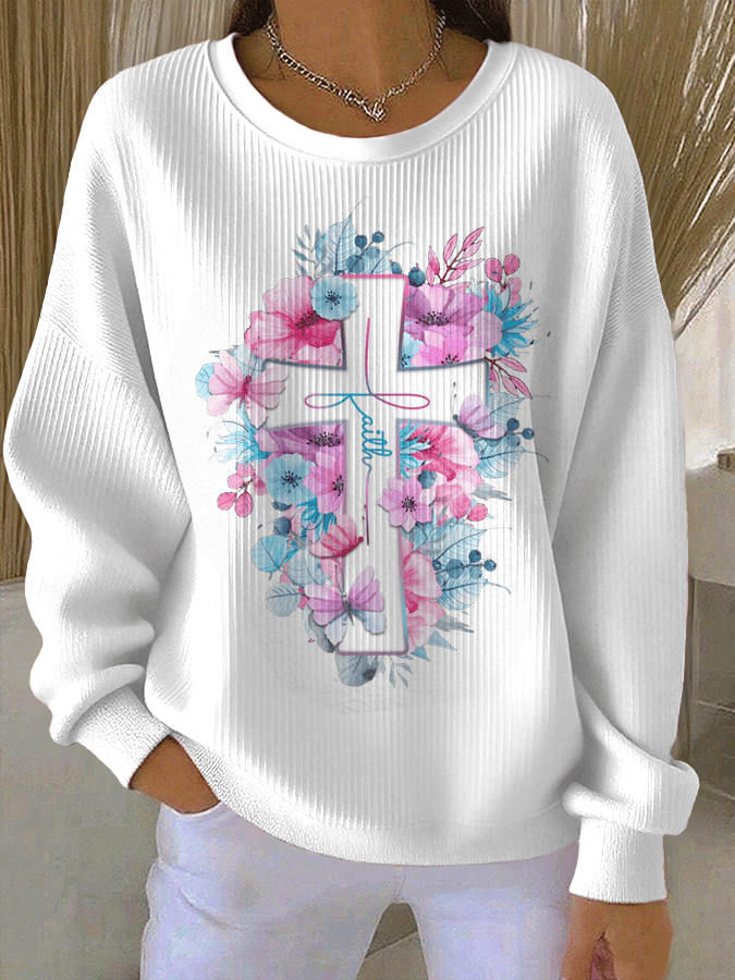 Women's Faith Print Knit Crew Neck Long Sleeve Top