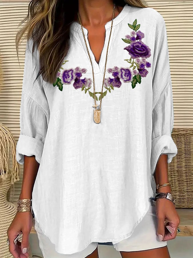 Women's Alzheimer's Awareness Purple Floral Cotton and Linen Shirt