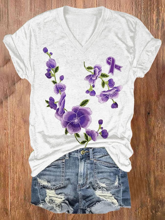 Women's Purple Alzheimer Awareness Flowers Print T-shirt
