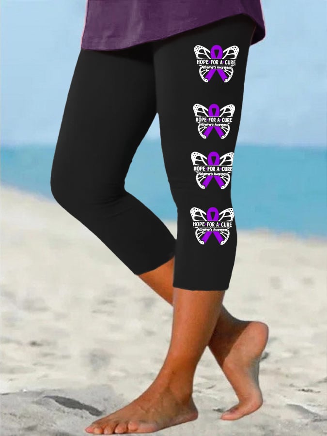 Women'S Alzheimer Awareness Butterfly Purple Ribbon Print Leggings