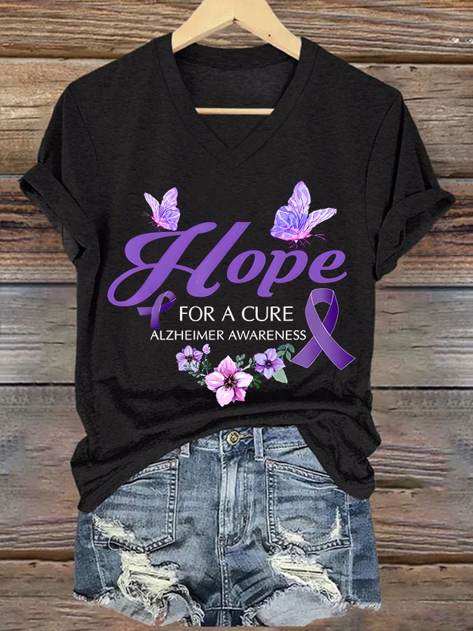 Women's Casual Alzheimer's Print V-Neck Short Sleeve T-Shirt