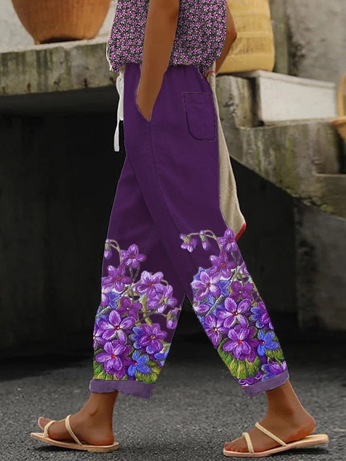 Women's Botanical Floral Design Print Lace-Up With Elastic Waist Loose Casual Pants