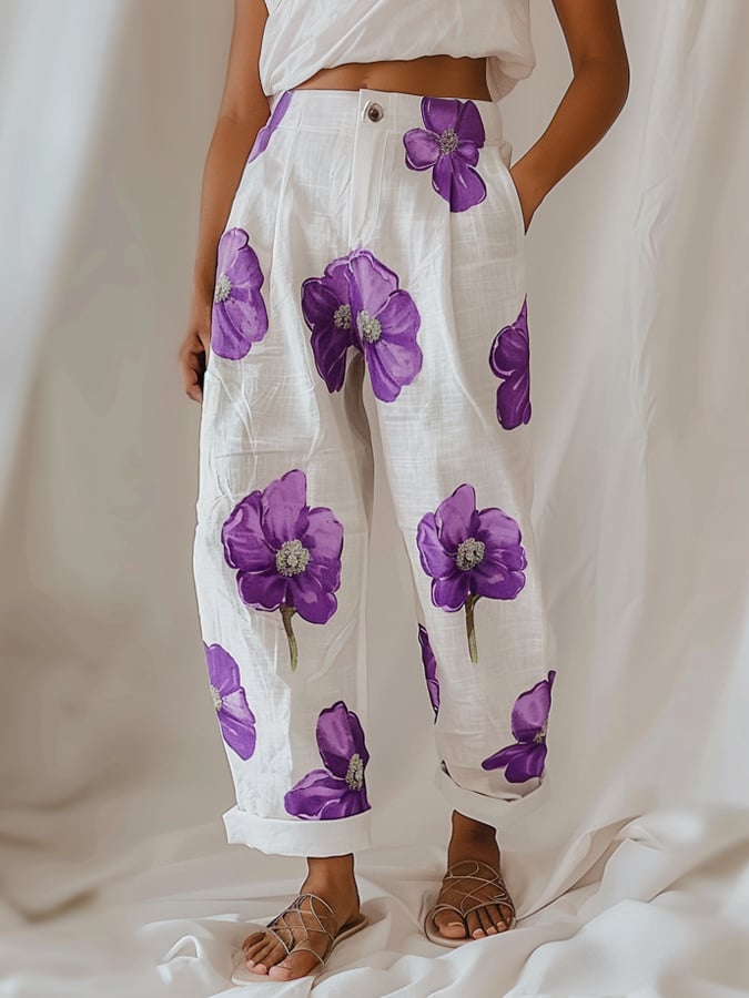 Women's Purple Flower Alzheimer's Awareness Print Casual Pants