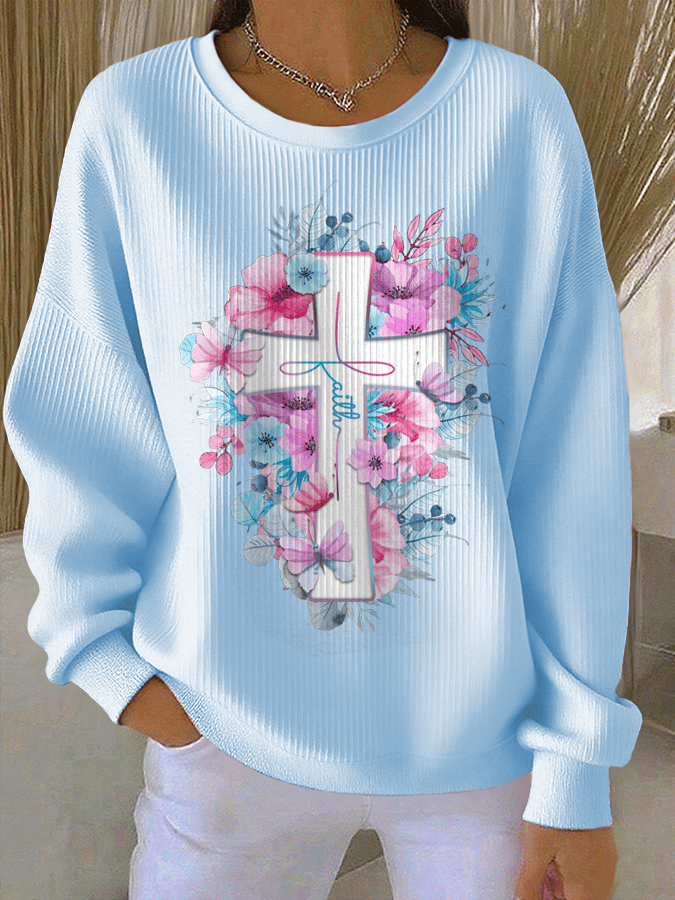Women's Faith Print Knit Crew Neck Long Sleeve Top