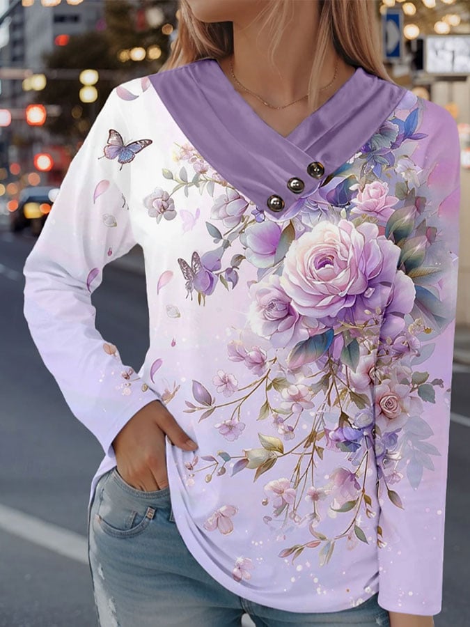 Women's Floral Dementia Alzheimer's Disease Awareness Print Button Collar Top