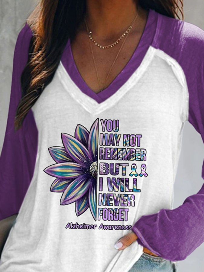 V-neck Retro Alzheimer's Awareness You May Not Remember But I Will Never Forget Print T-Shirt
