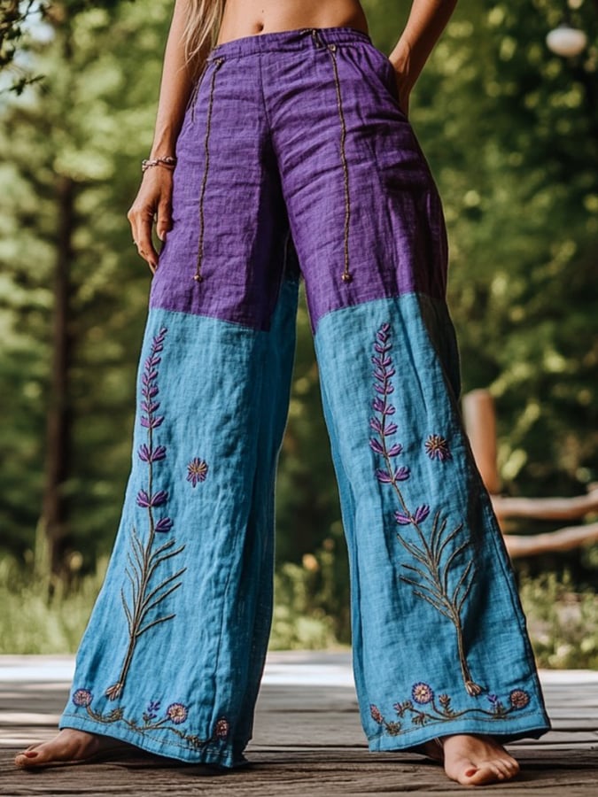 Women's Cotton And Linen Purple Stitching Wide-Leg Trousers