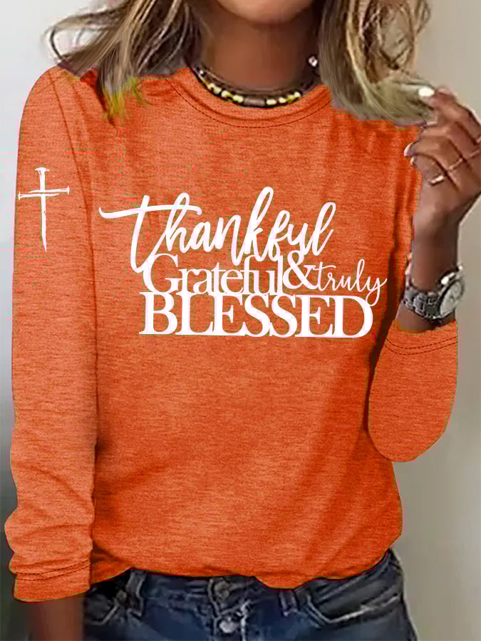 Women's casual retro Grateful Thankful Blessed long-sleeved T-shirt