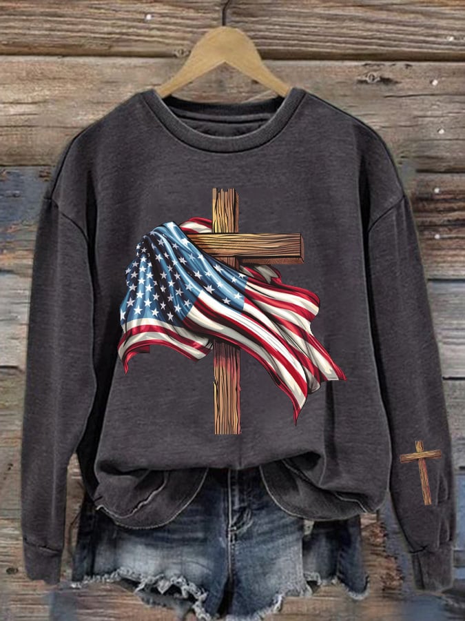 Women's American Flag Cross Patriotic Crew Neck Top