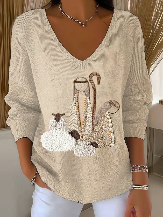 Women's Nativity Print V Neck Sweater