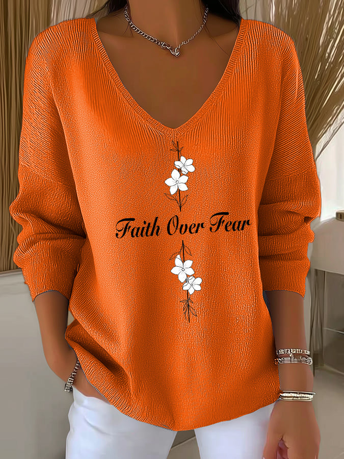 Women's Casual Faith Overcomes Fear Cross Knitted V-Neck Top