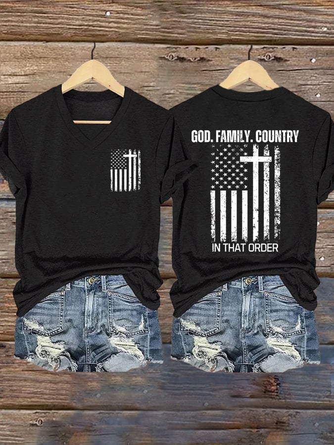 Women's God Family Country In That Order Print V Neck T-shirt