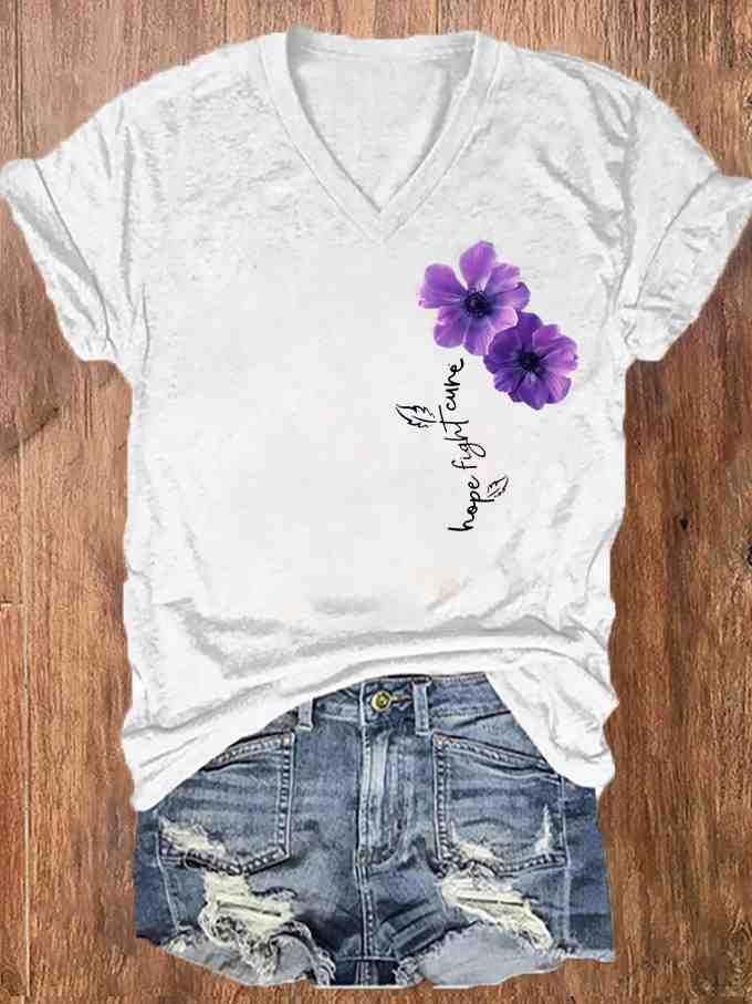 Women's Pansy Hope Fight Cure Dementia Alzheimer's Printed V-Neck T-Shirt