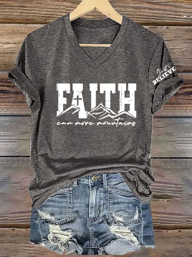 Women's Faith Can Move Mountains   Printed V-Neck Tee
