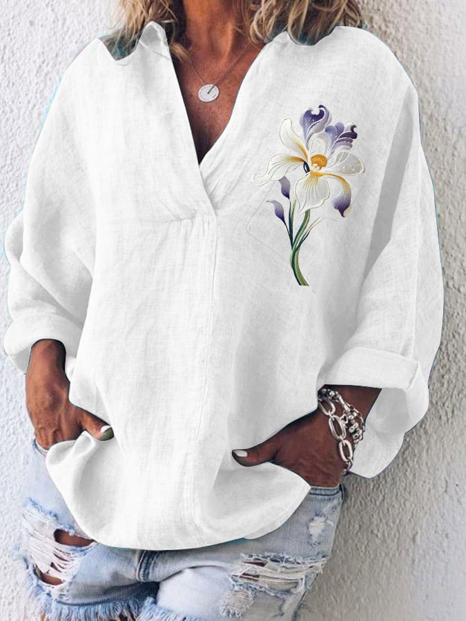 Women's Cotton And Linen Purple Floral V-Neck Top
