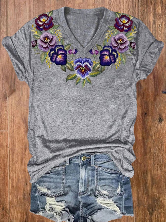 Women's Alzheimer's Purple Floral V-Neck T-Shirt
