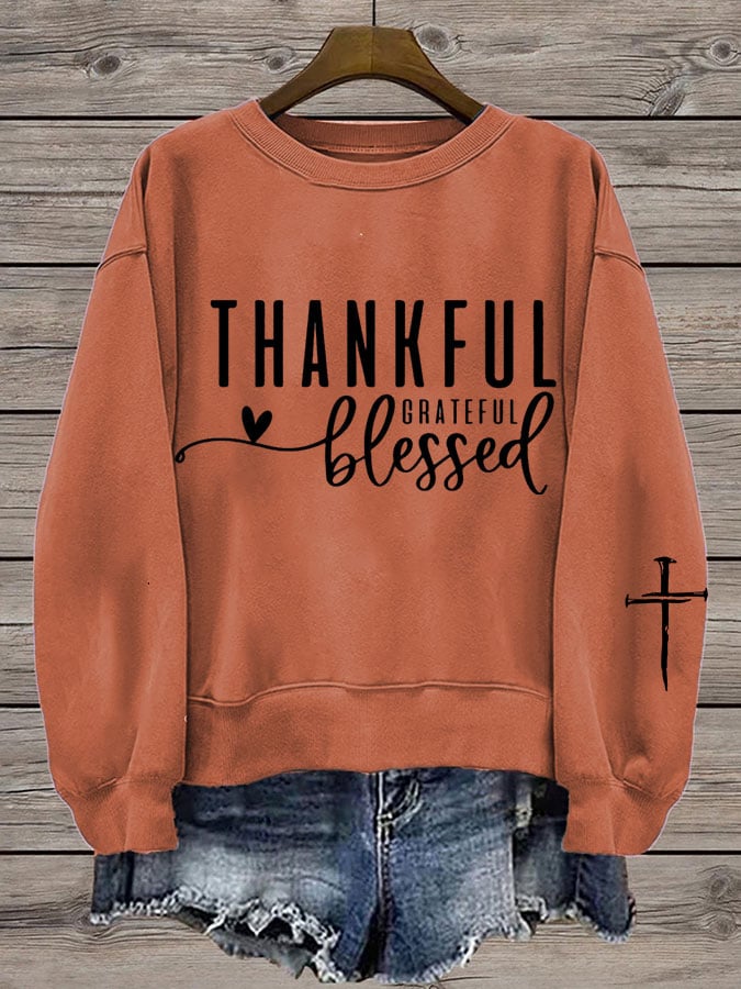 Women's Thanksgiving Cross THANKFUL GRATEFUL BLESSED Crew Neck Sweatshirt