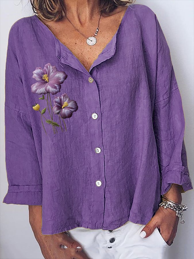 Women's Purple Floral Print Casual Cotton And Linen Top