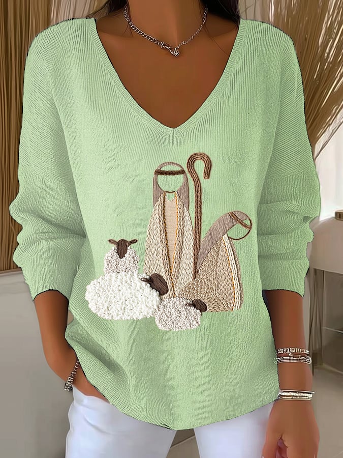 Women's Nativity Print V Neck Sweater