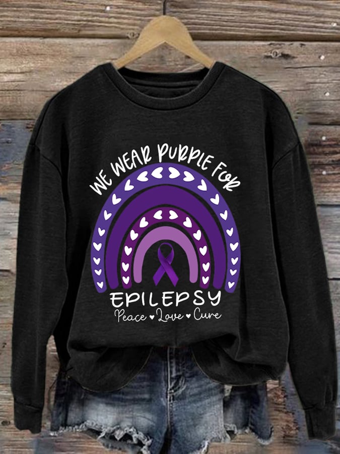Retro Epilepsy Awareness We Wear Purple For Epilepsy Peace Love Cure Print Sweatshirt