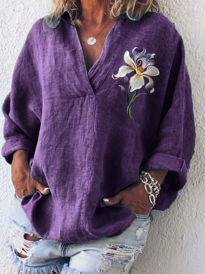 Women's Cotton And Linen Purple Floral V-Neck Top