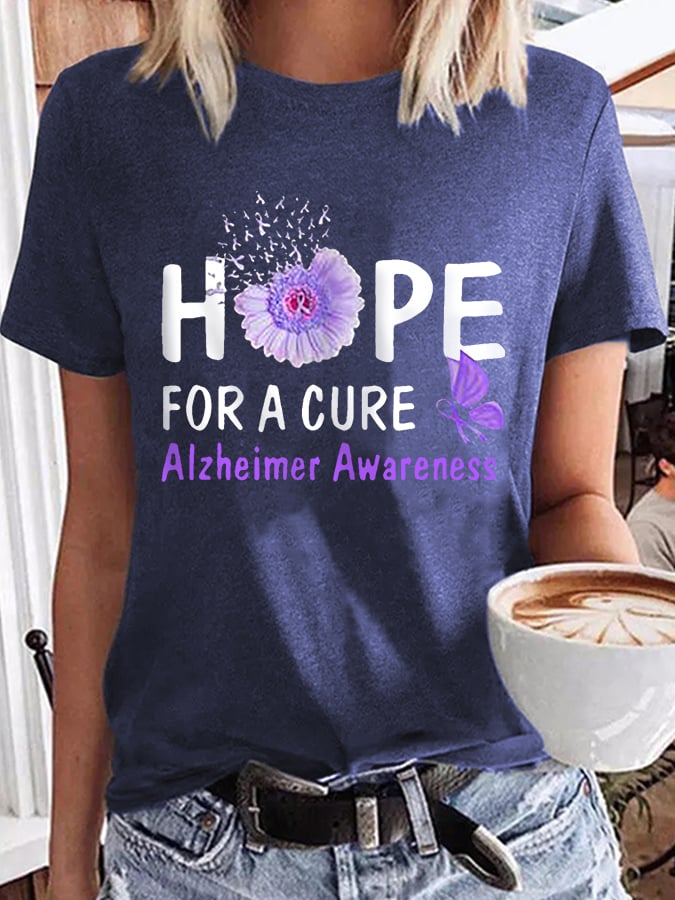 Women's Hope For A Cure Sunflower Purple Ribbon Alzheimer's Awareness Fighter Supporter Tee