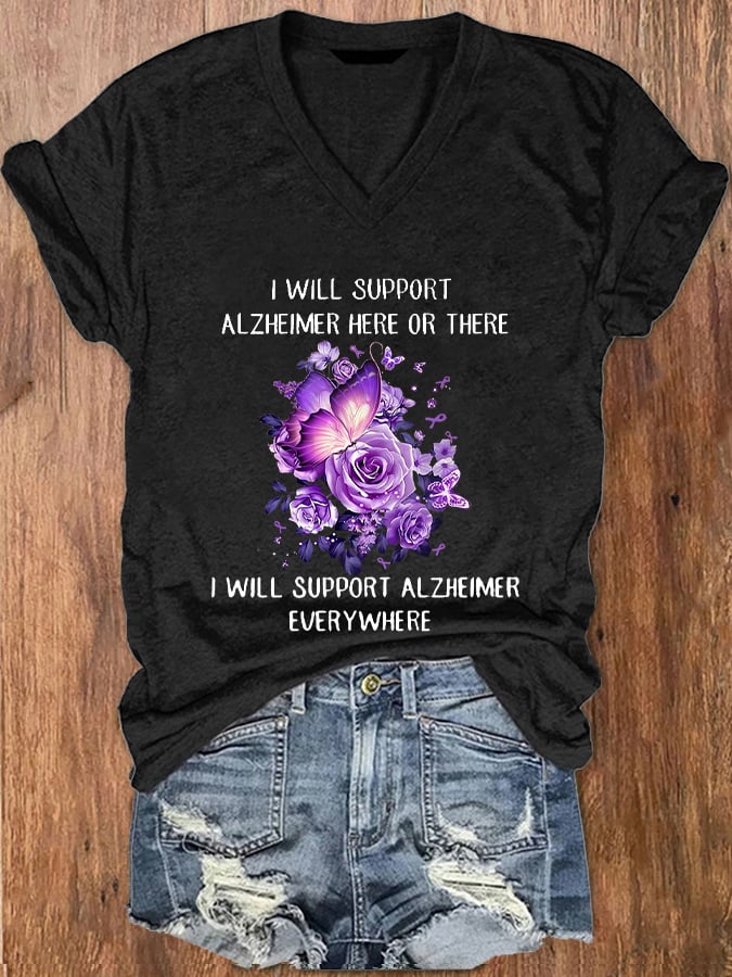 Women's Alzheimer's Awareness Butterfly Printed V-Neck T-Shirt