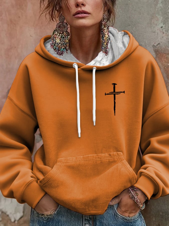 Women's Retro Faith Cross Print Casual Hooded Sweatshirt