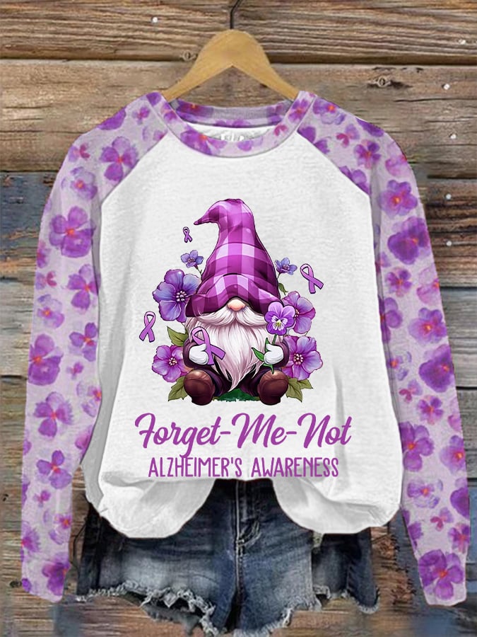 Women's Forget Me Not Purple Alzheimer's Awareness Gnome Flower Print Sweatshirt