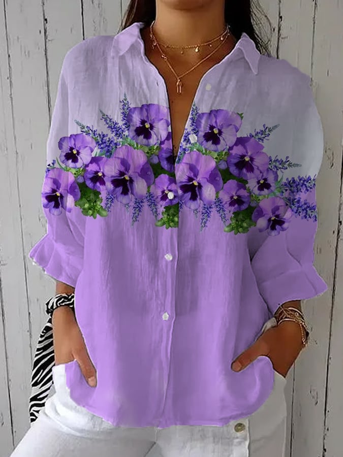 Women's Purple Flowers Print Long Sleeve Casual Shirt