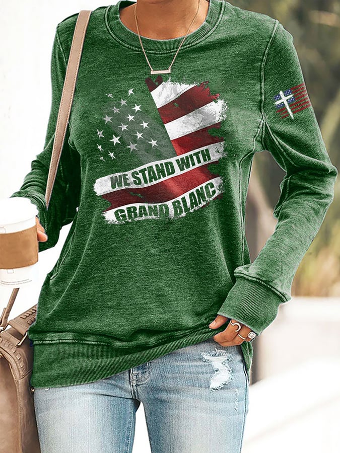 Retro We Stand With Grand Blanc Faith Cross Print Sweatshirt