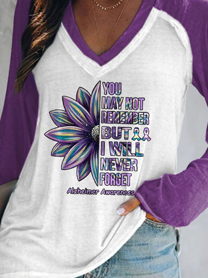 V-neck Retro Alzheimer's Awareness You May Not Remember But I Will Never Forget Print T-Shirt