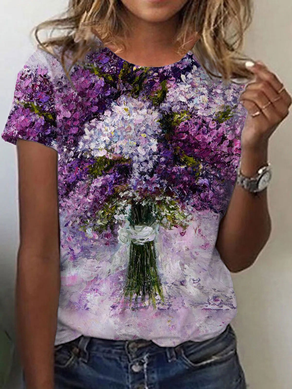 Women's Purple Floral Art Print T-Shirt