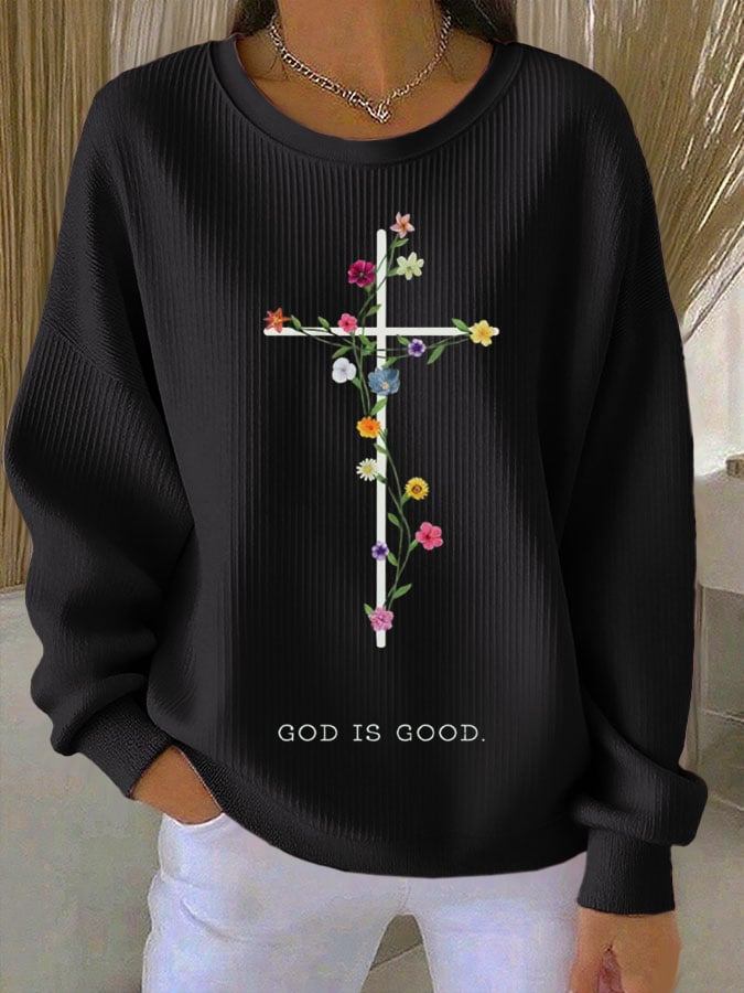 Women's Faith Print Knit Crew Neck Long Sleeve Top