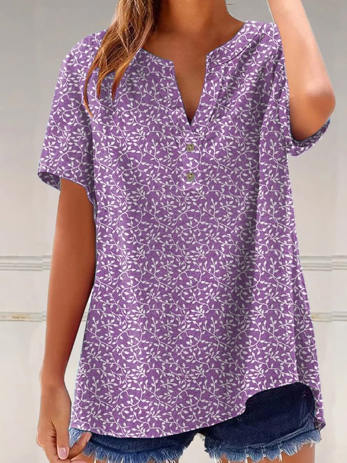 Women's Purple Flowers Print Short Sleeve Casual Shirt