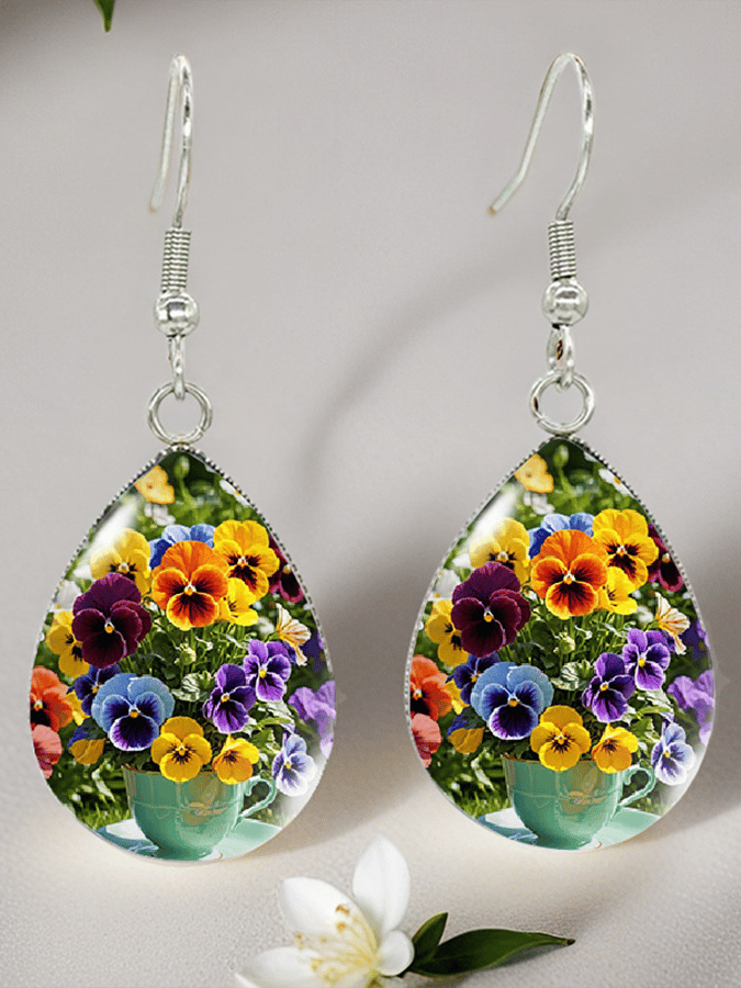 Purple Drop-Shaped Pansy Flower Design Earrings
