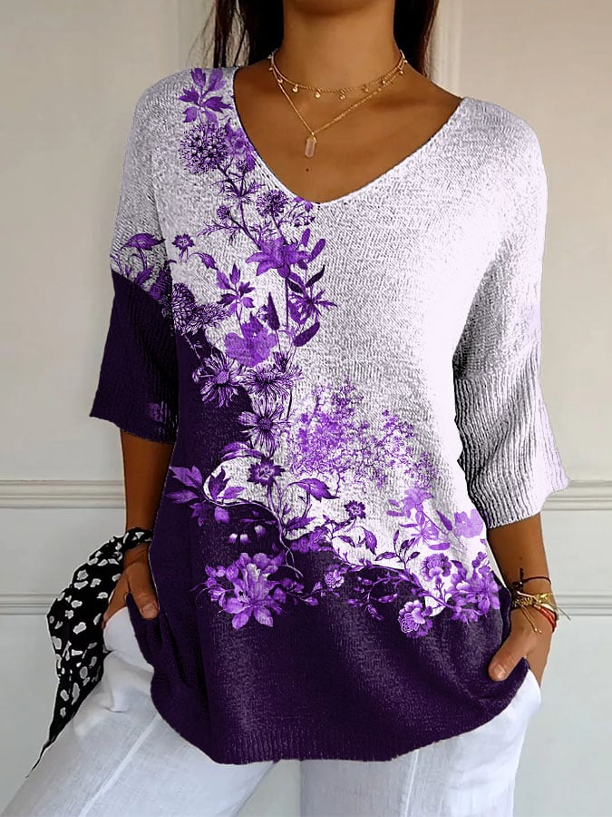 Women's Retro Purple Floral Print Shirt