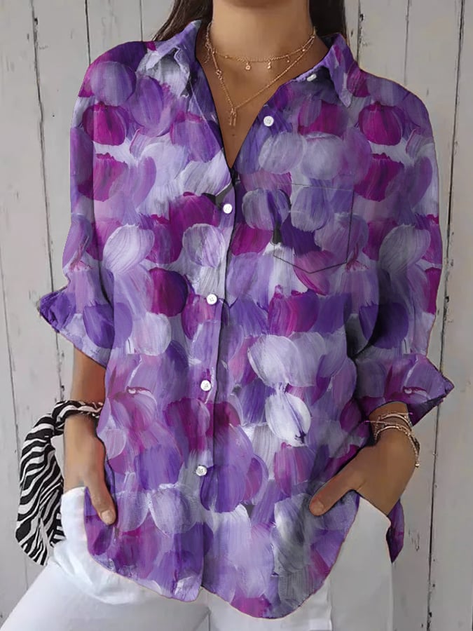 Women's Fashion Casual Retro Purple Art T-shirt (with pockets)