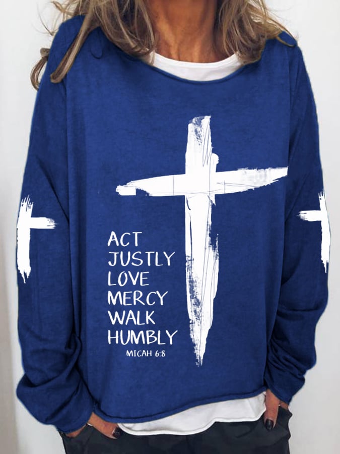 Women's Act Justly Love Mercy Walk Humbly-Micah 6:8 Cross Print Drop Shoulder Sweatshirt