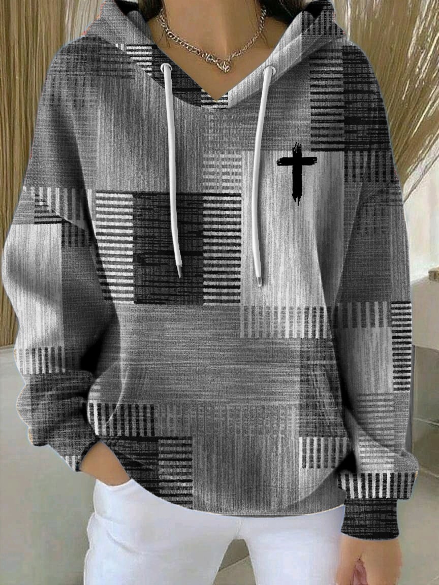 Women's Casual Autumn Faith Contrast Color Square Striped Cardigan Hoodie